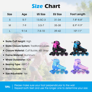 Size chart for roller skates with color options and measurements.