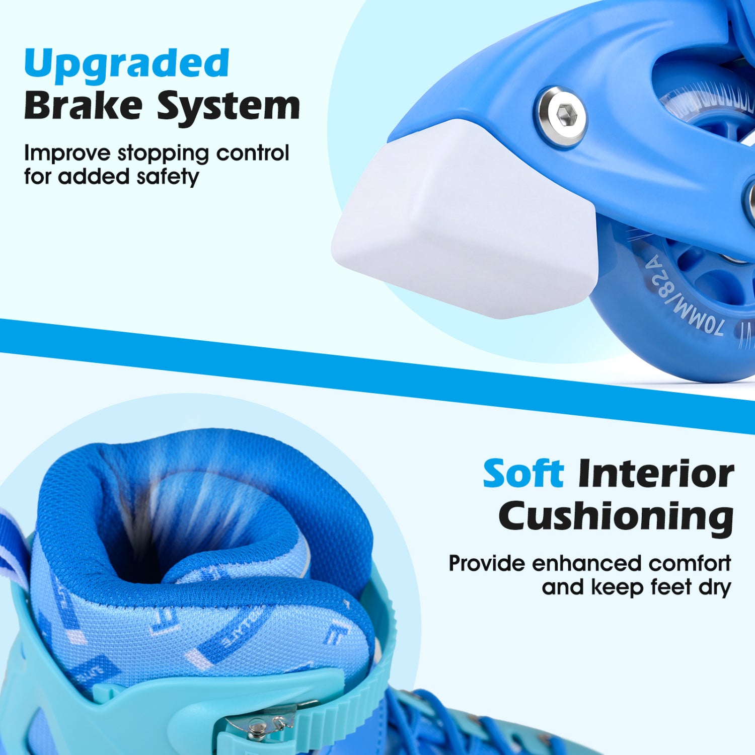Blue roller skates with text highlighting upgraded brake system and soft interior cushioning on a light blue background.