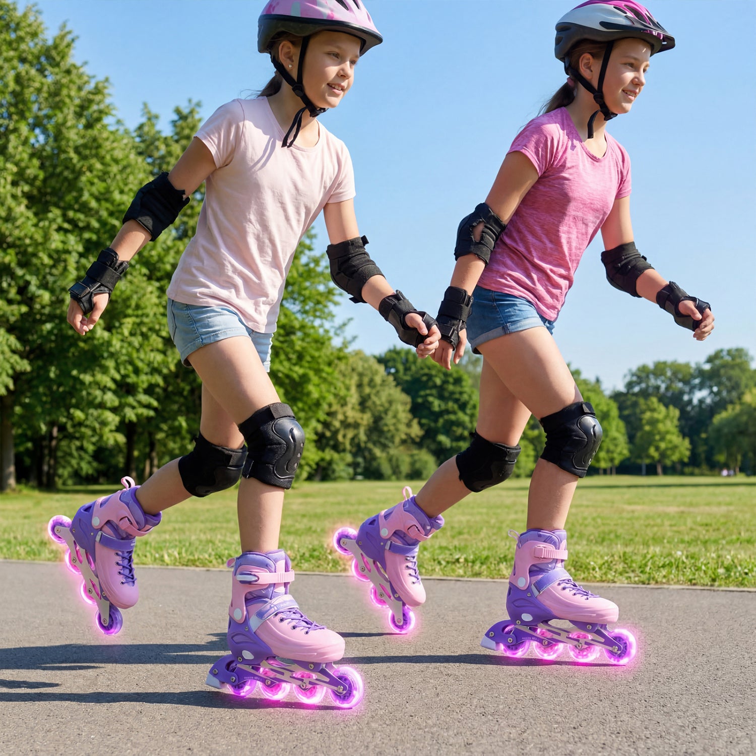 Two children rollerblading outdoors on a sunny day with green trees in the background.