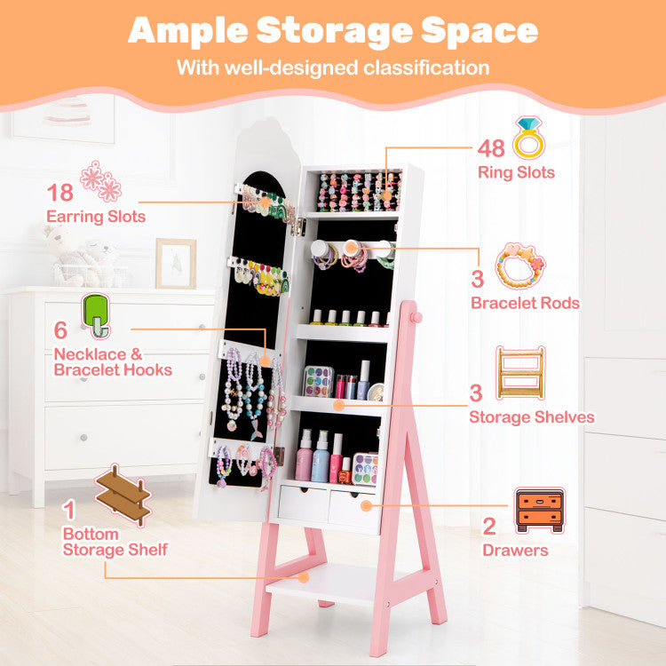 Pink jewelry organizer with storage compartments and classification details on a white background