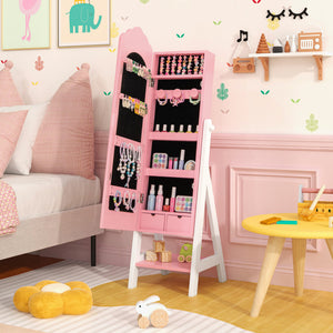 Pink jewelry armoire in a child's room with toys and furniture.