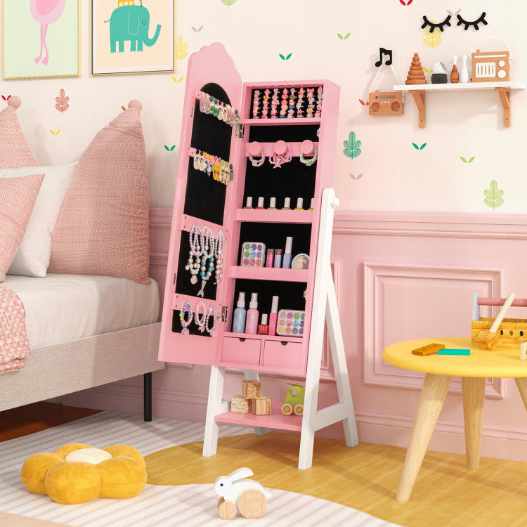 Pink jewelry armoire in a child's room with toys and furniture.