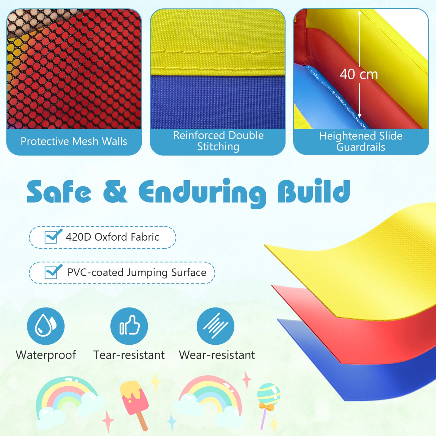 Colorful slide with safety features and materials highlighted on a light green background