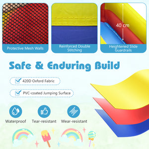 Colorful slide with safety features and materials highlighted on a light green background