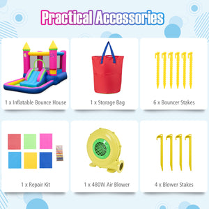 Set of practical accessories including an inflatable bounce house, storage bag, repair kit, air blower, and stakes on a blue background.