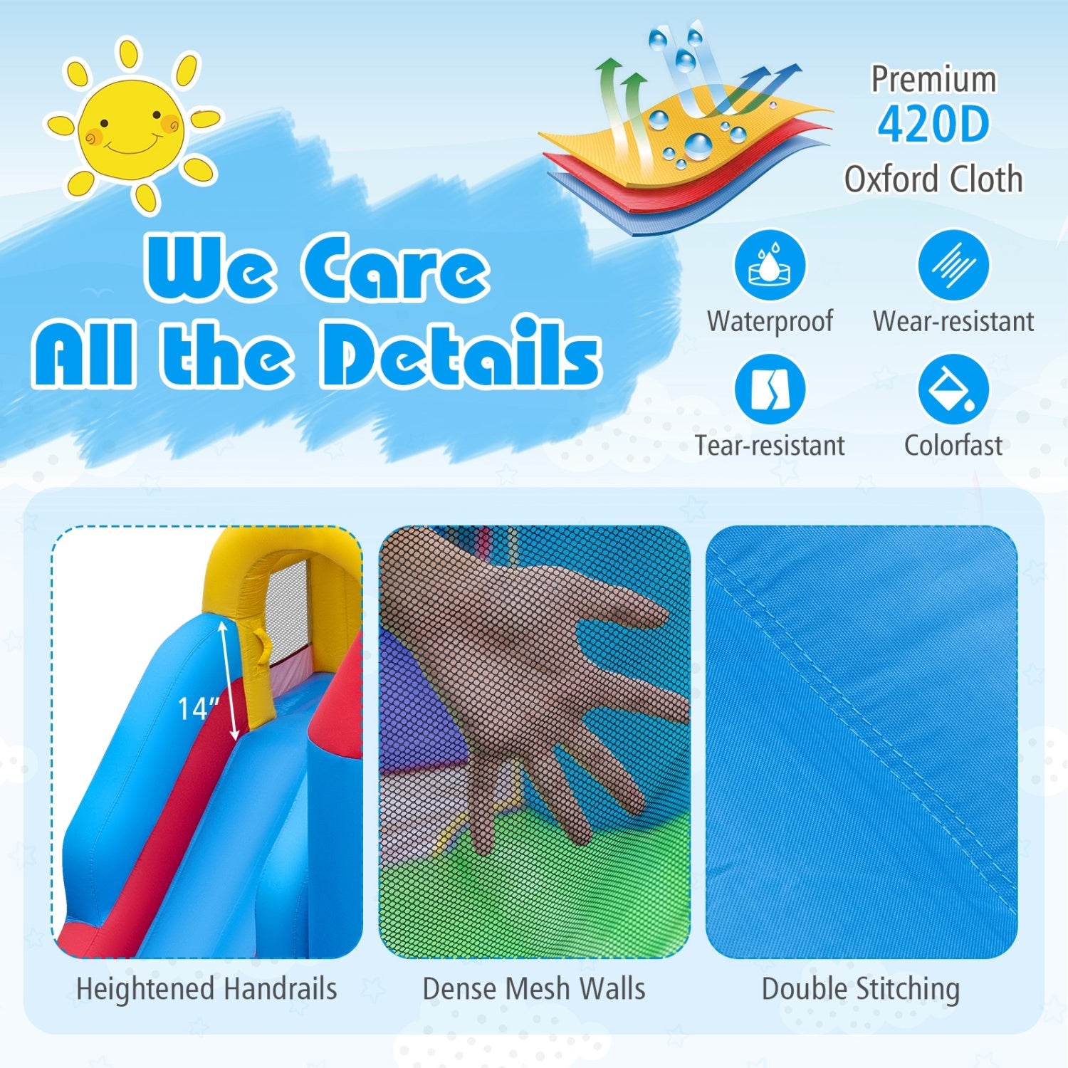 Product advertisement with features of a children's slide, including heighted handrails, dense mesh walls, double stitching, and premium 420D Oxford cloth.