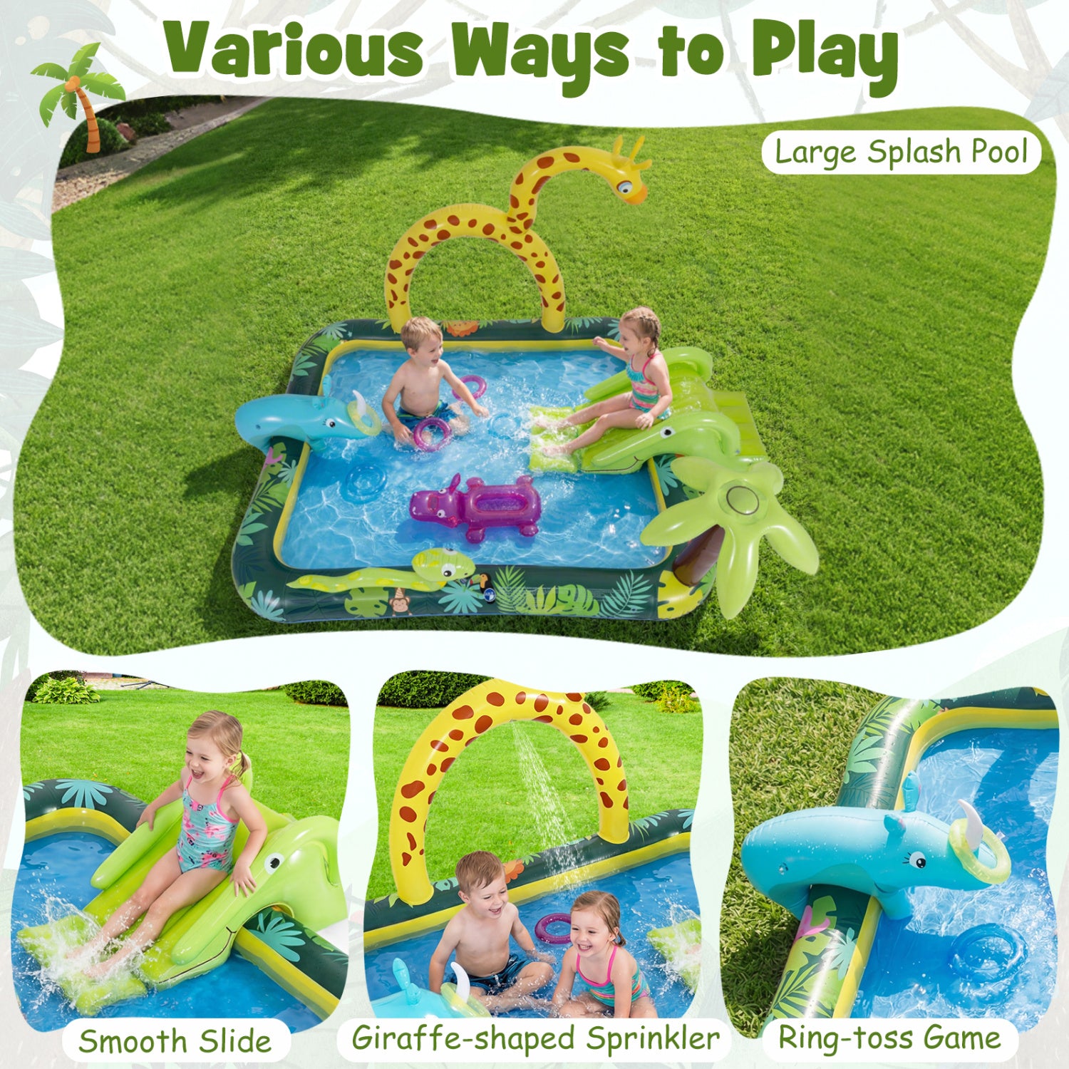 Children playing in a large inflatable splash pool with a giraffe-shaped sprinkler on a grassy background.