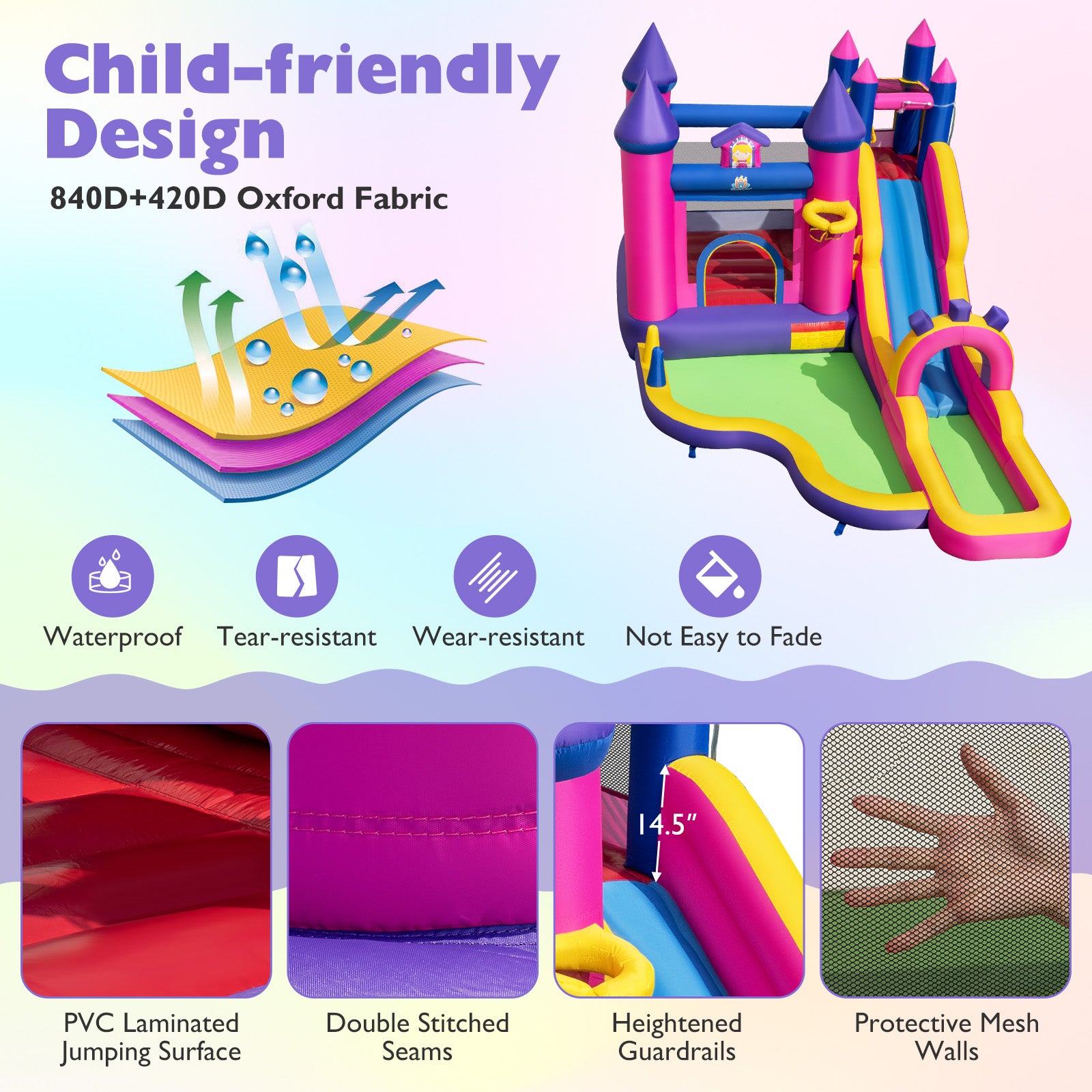 Inflatable castle with slide and bounce house, featuring waterproof, tear-resistant, wear-resistant, and fade-resistant fabric.