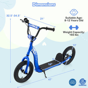 Blue scooter with dimensions and suitability details on a light blue background