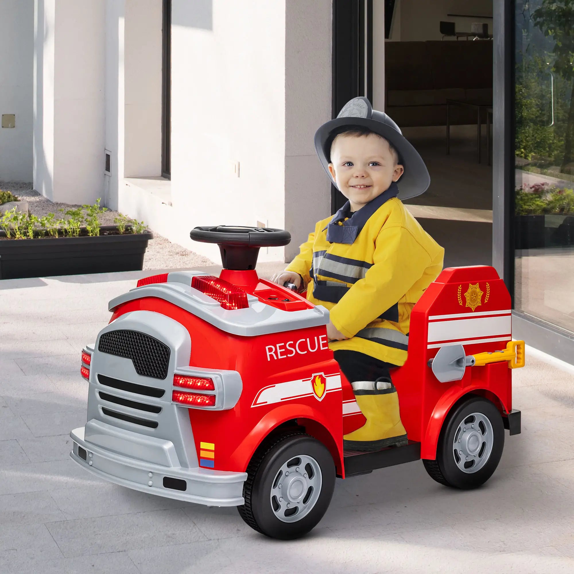 12V kids fire truck ride-on toy with flashing lights and siren sounds