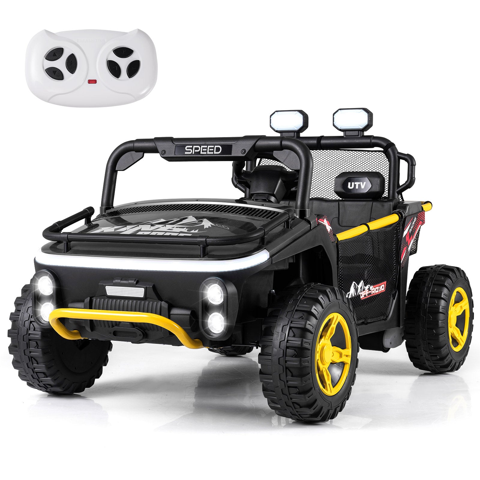 Toy off-road vehicle with remote control on a white background