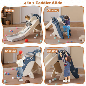 4-in-1 toddler slide with different activities on a wooden floor.