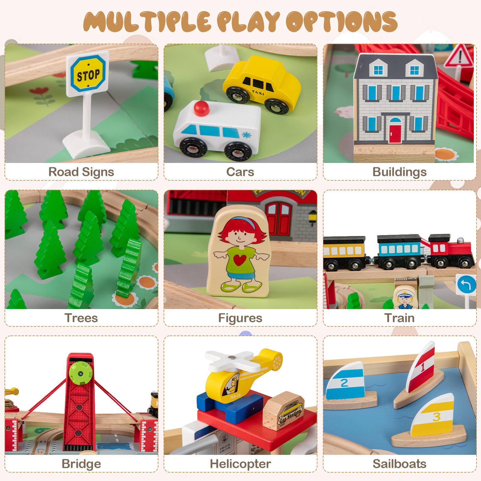 Multifunction kids activity table with complete wooden train set