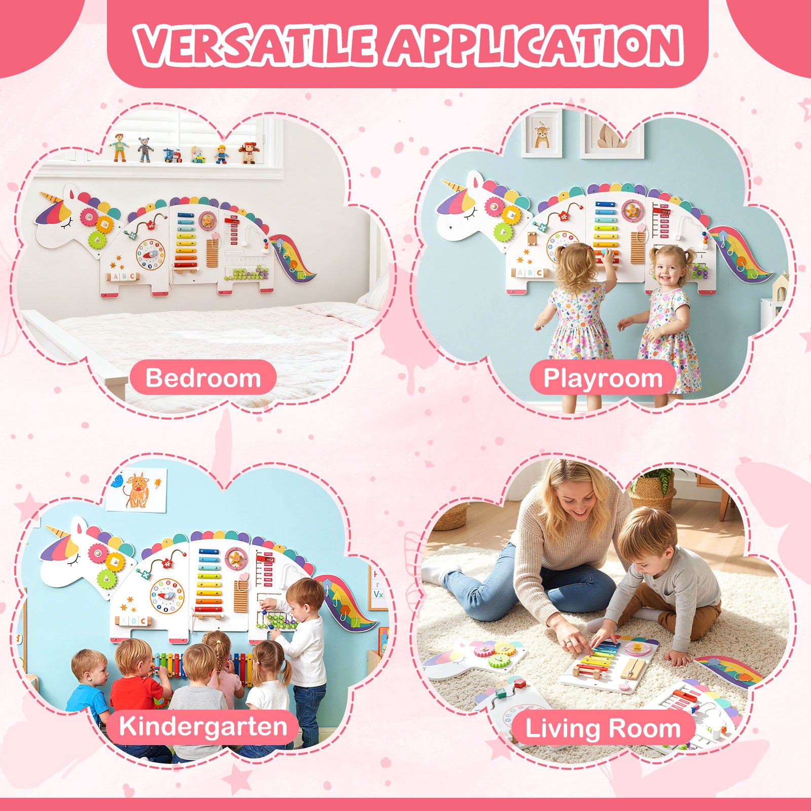 Kids activity wall board with multiple Montessori learning games