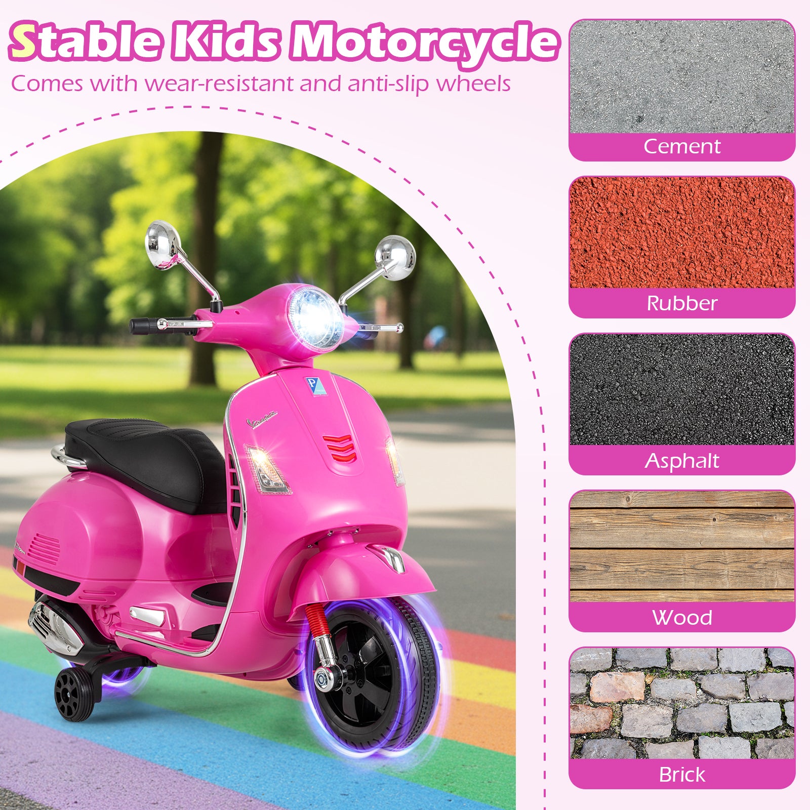 Pink kids' motorcycle with wear-resistant and anti-slip wheels on a colorful path, surrounded by pavement and grass.