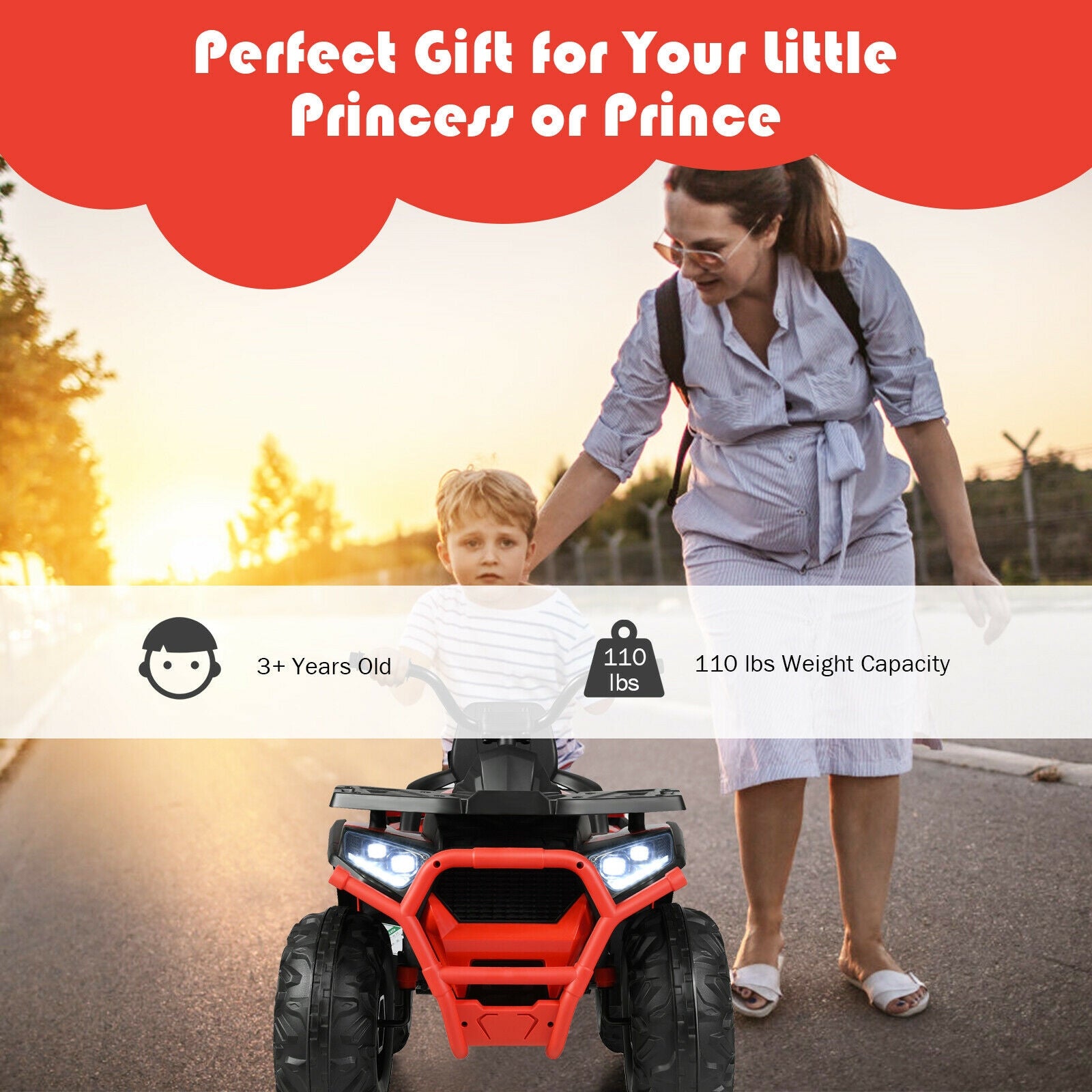 Woman pushing a child on a red and black toy car with text about it being a perfect gift for children.