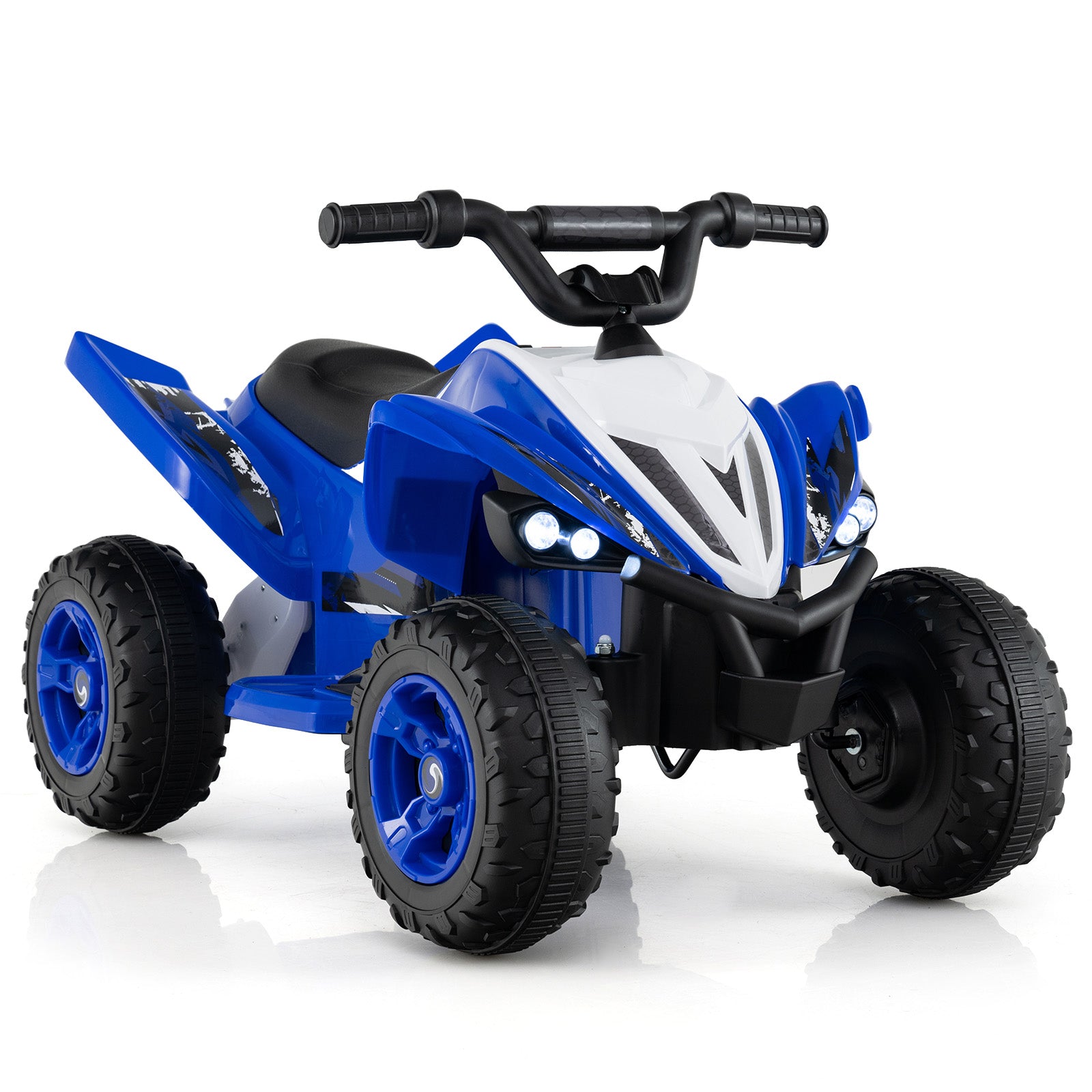 Blue and white toy ATV with black tires on a white background