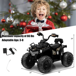 Child with a toy gift and a black toy ATV with specifications, Christmas tree in the background