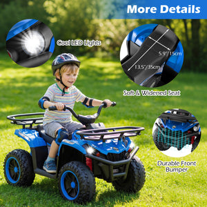 Child riding a blue toy ATV with details about LED lights, seat, and bumper on a grassy background.