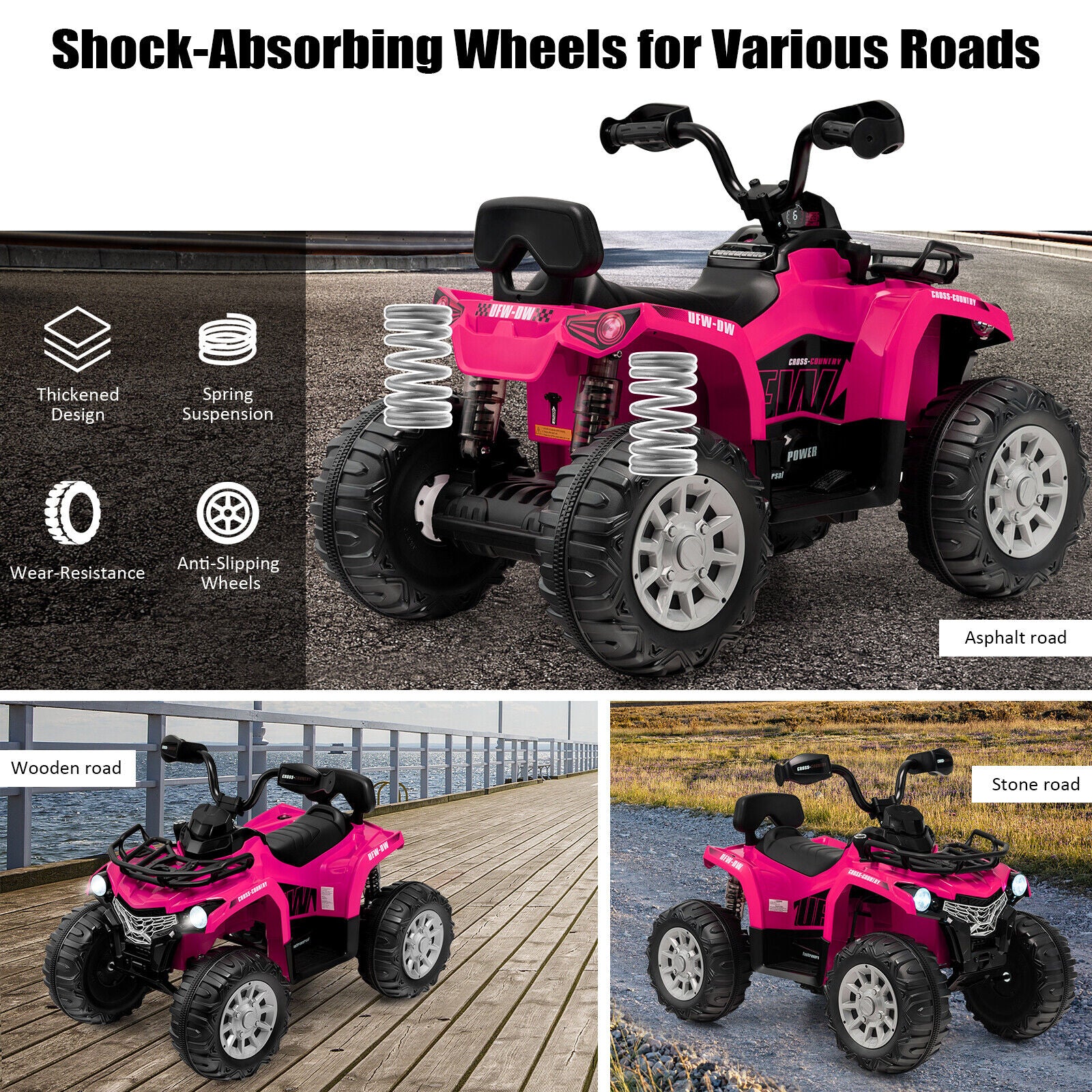 Pink toy ATV with shock-absorbing wheels on different road types, featuring text and icons about wheel features.
