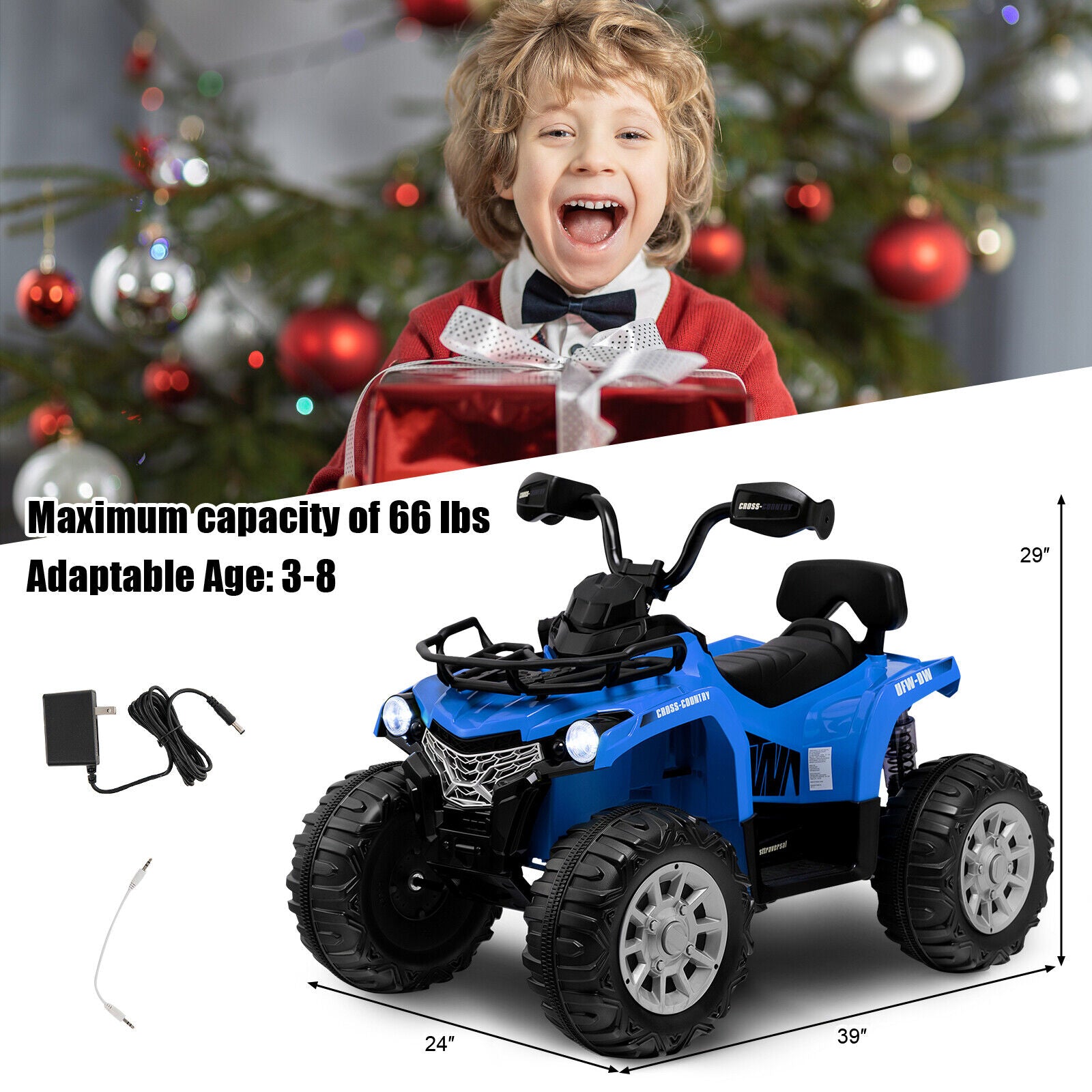 Child with a toy gift and a blue toy ATV with specifications, in front of a Christmas tree.