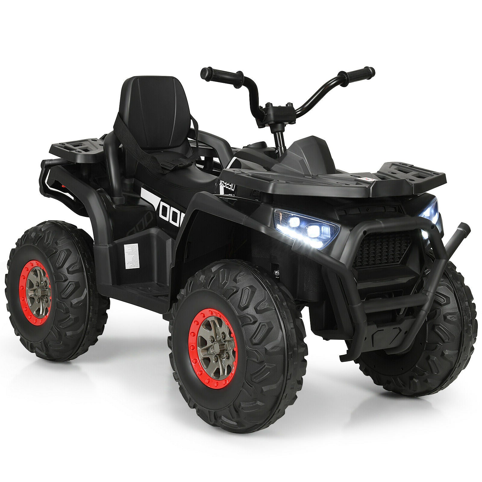 Black ATV with red wheels on a white background