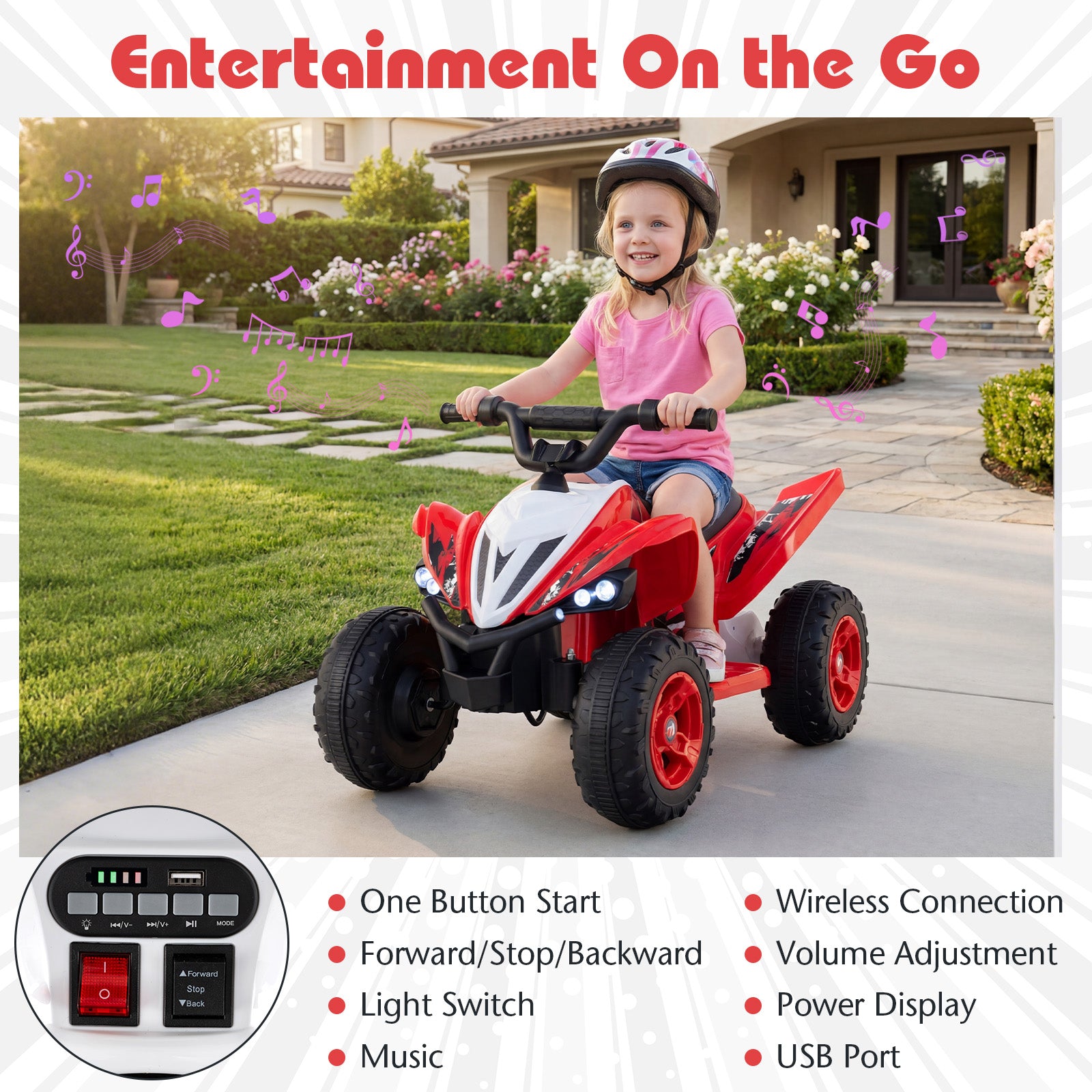 Child riding a red toy ATV on a driveway with a garden in the background