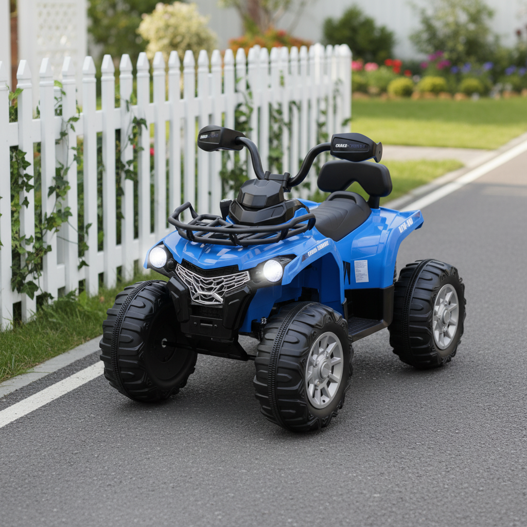 Blue toy ATV on a road with a white picket fence and garden in the background