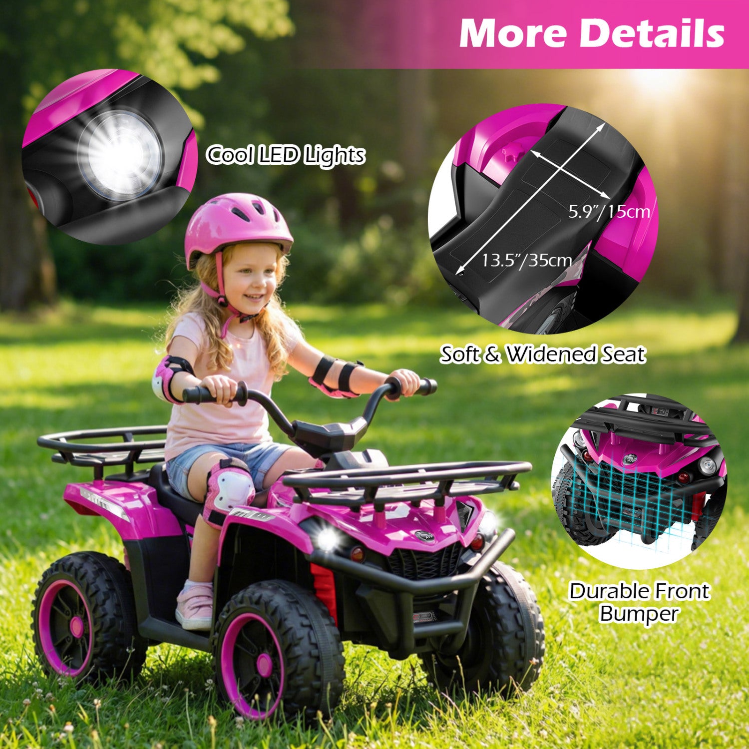 Child riding a pink toy ATV with details about LED lights, seat, and bumper on a grassy background.