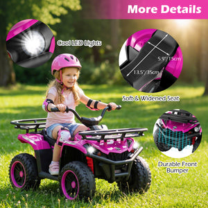 Child riding a pink toy ATV with details about LED lights, seat, and bumper on a grassy background.