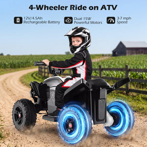 Child riding a 4-wheeler ATV with glowing wheels in an outdoor setting