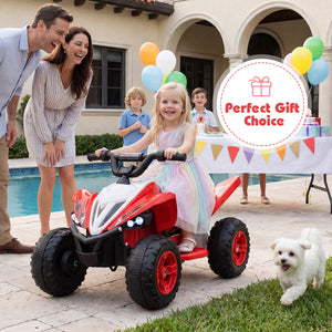 Family with children playing with a toy car outdoors, with balloons and a 'Perfect Gift Choice' label.