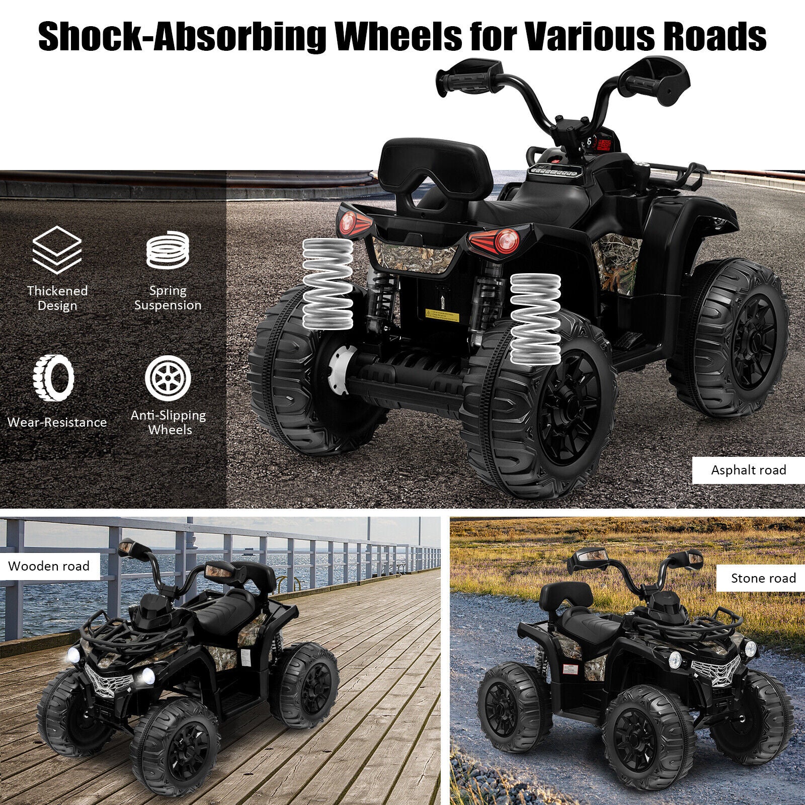 Black ATV with shock-absorbing wheels on various terrains, featuring text and icons about wheel features.