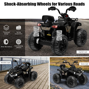 Black ATV with shock-absorbing wheels on various terrains, featuring text and icons about wheel features.
