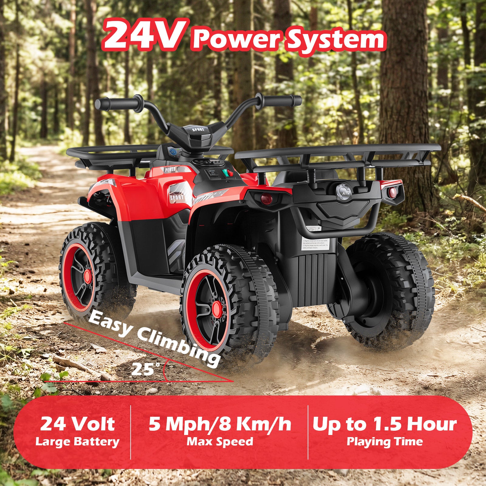 Red and black ATV in a forest with 24V power system text and specifications.