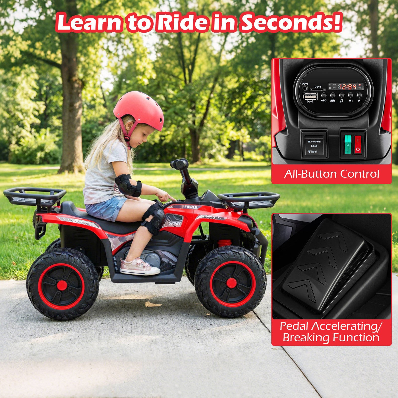 Child riding a red toy ATV with safety gear, surrounded by greenery.