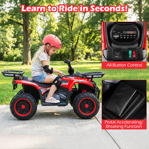 Child riding a red toy ATV with safety gear, surrounded by greenery.