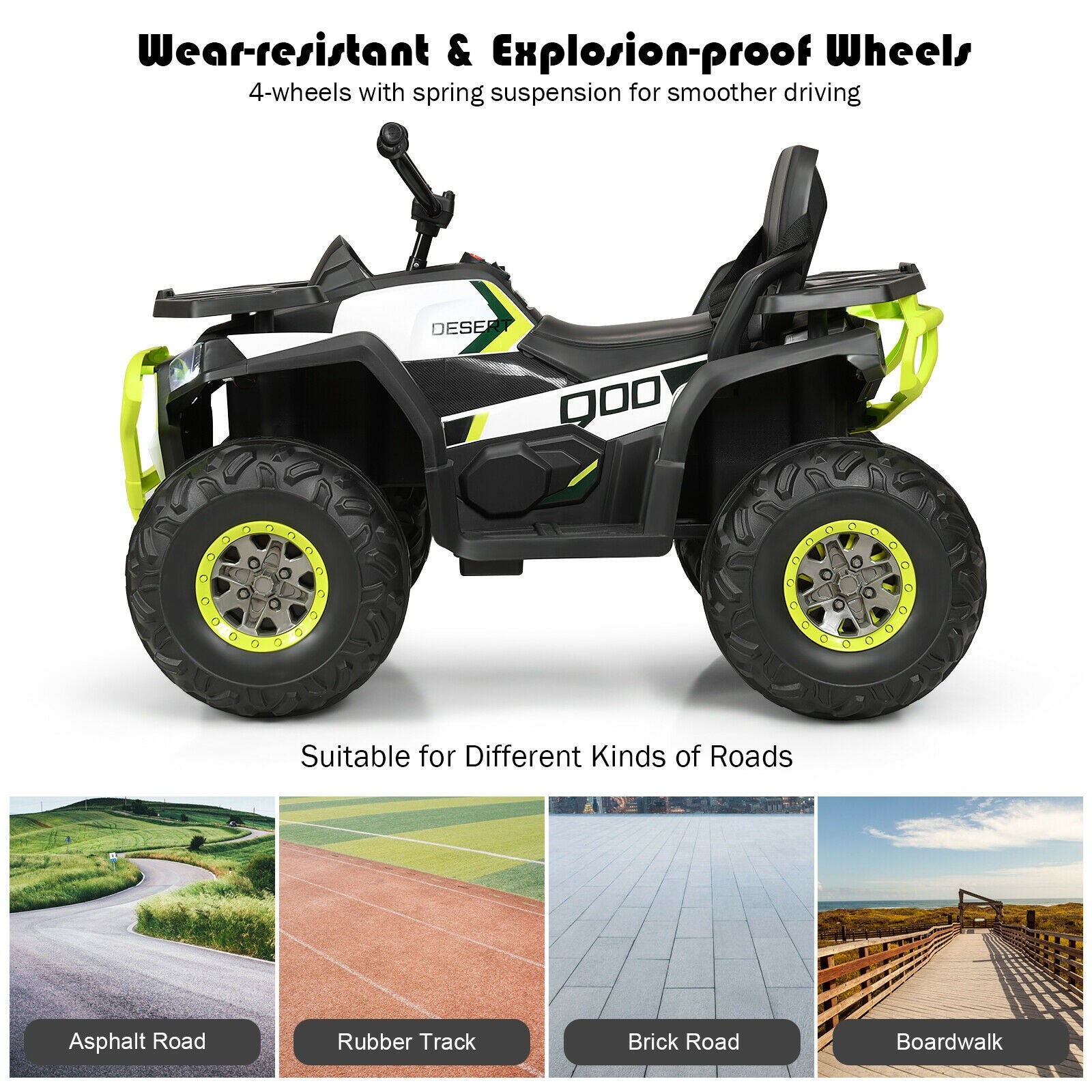 Toy ATV with wear-resistant and explosion-proof wheels on a white background
