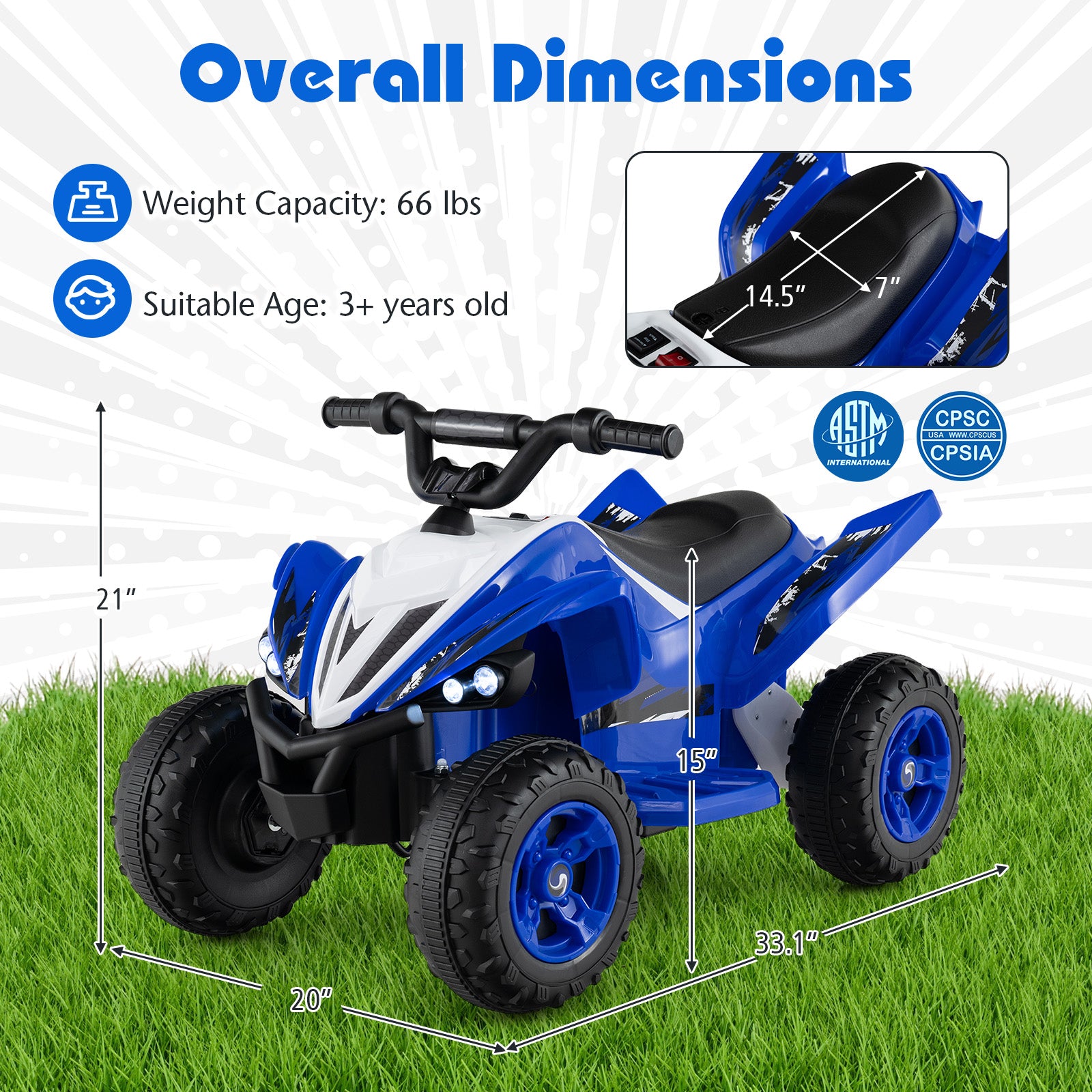 Blue and white toy ATV with dimensions and safety certification logos on a grassy background