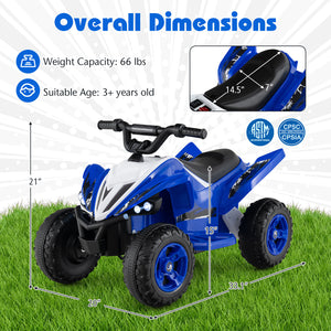 Blue and white toy ATV with dimensions and safety certification logos on a grassy background
