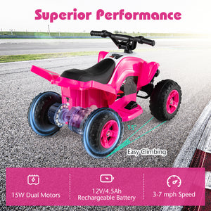 Pink toy ATV on a road with performance features highlighted
