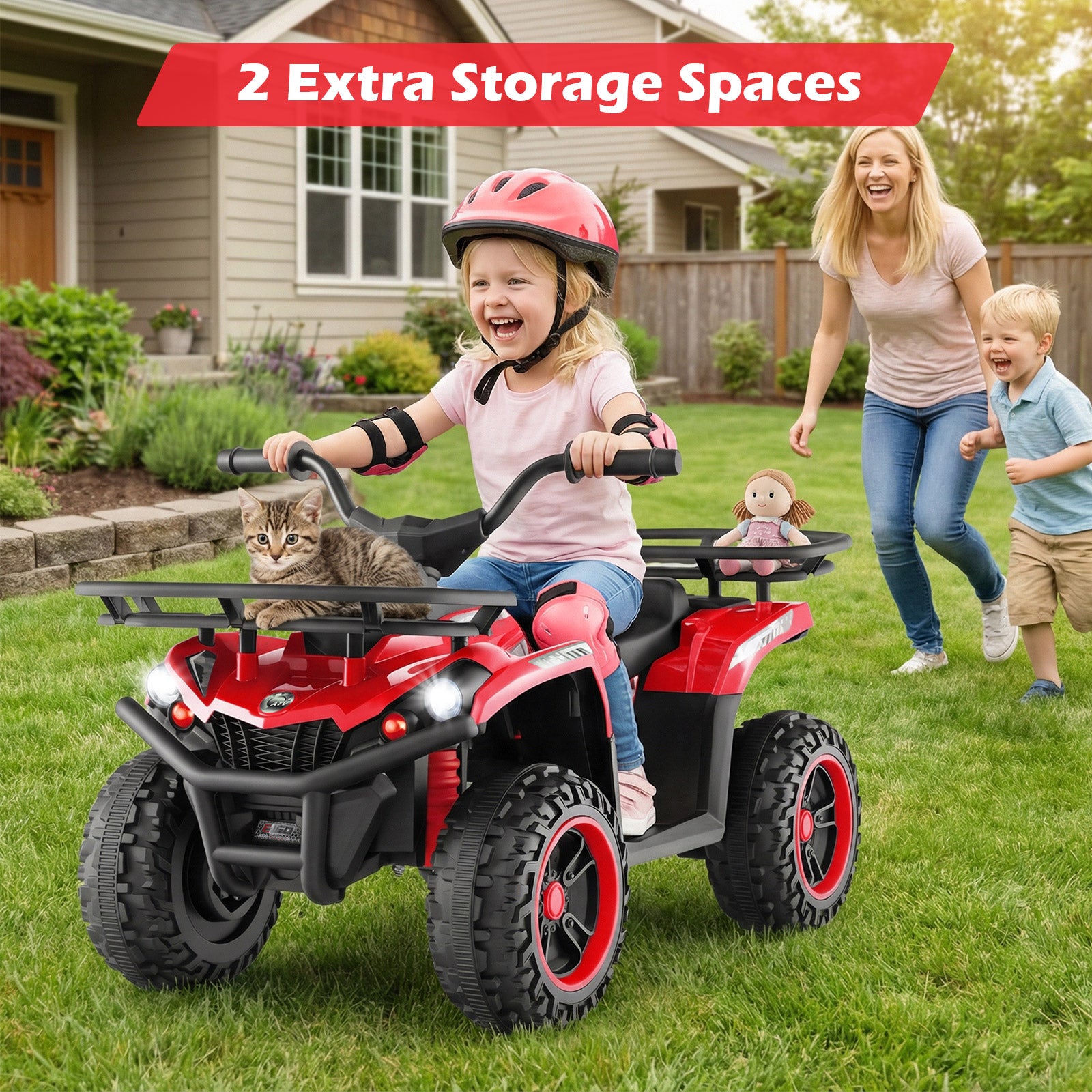 Child on a red toy quad bike with a cat,母and two children in a garden setting.
