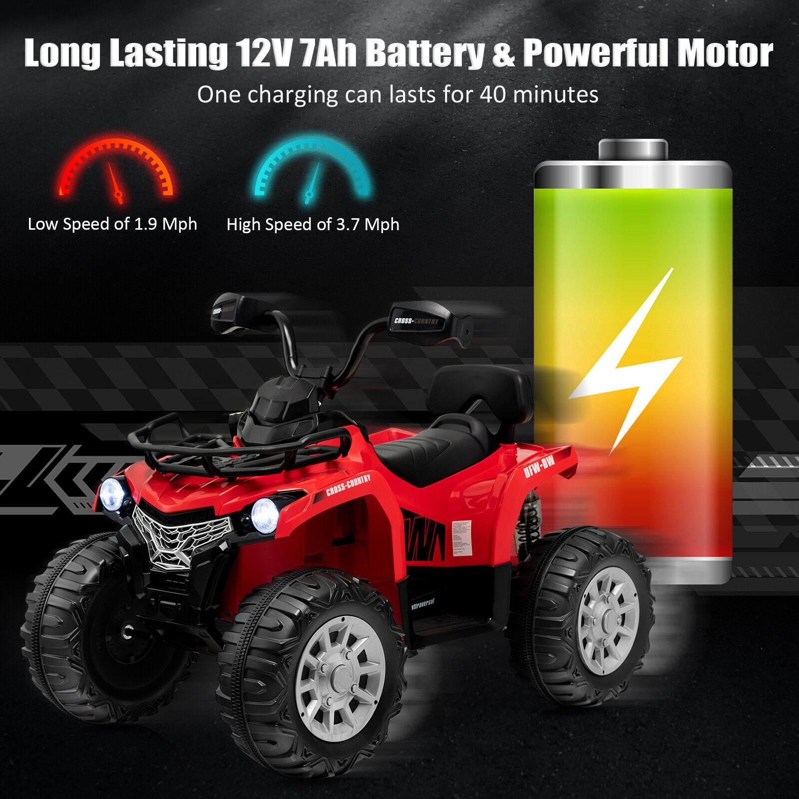 Red toy ATV with battery pack and charging information on a dark background