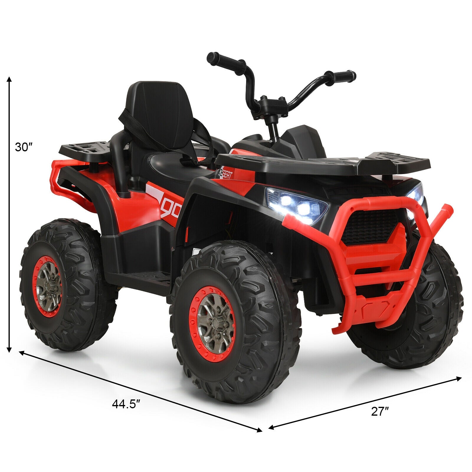 Red and black toy ATV with dimensions indicated on a white background