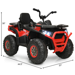 Red and black toy ATV with dimensions indicated on a white background