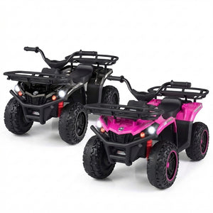 Black and pink toy ATVs on a white background