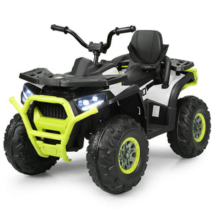 Black and green toy ATV on a white background