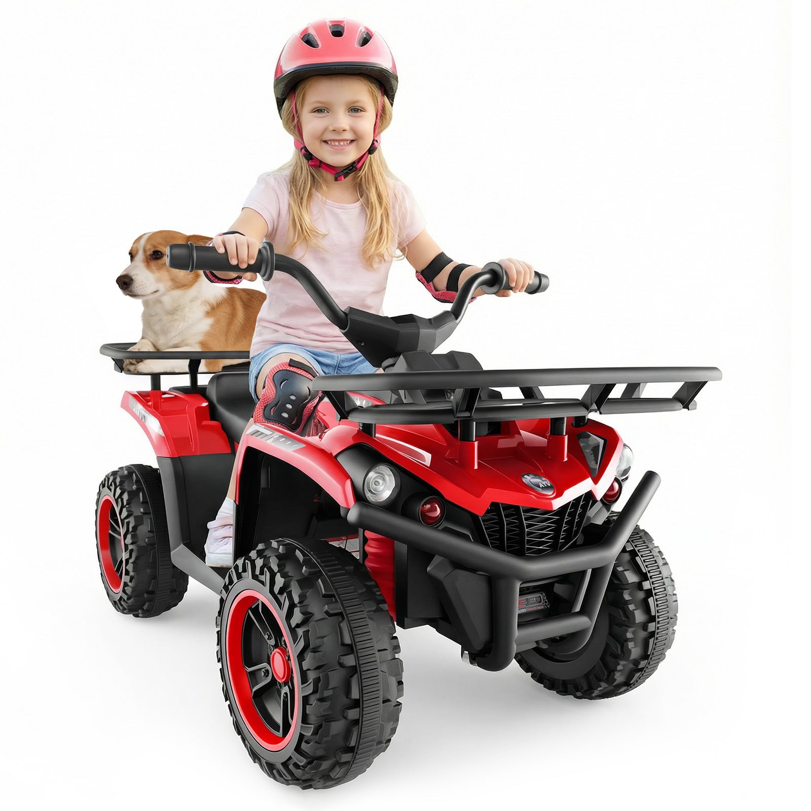 Child riding a red toy ATV with a dog sitting on the back, both on a white background