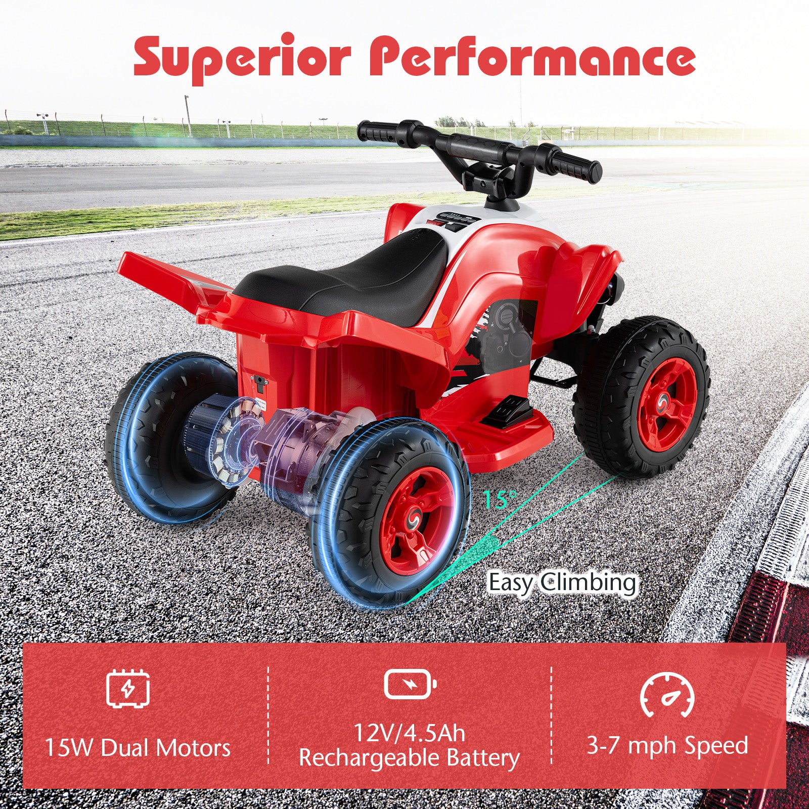 Red toy ATV with features highlighted on a road background