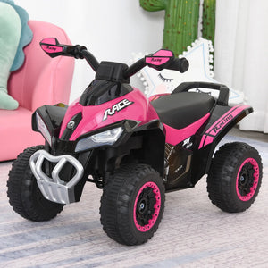 Pink and black toy ATV on a carpeted floor with a child's chair and cactus in the background.